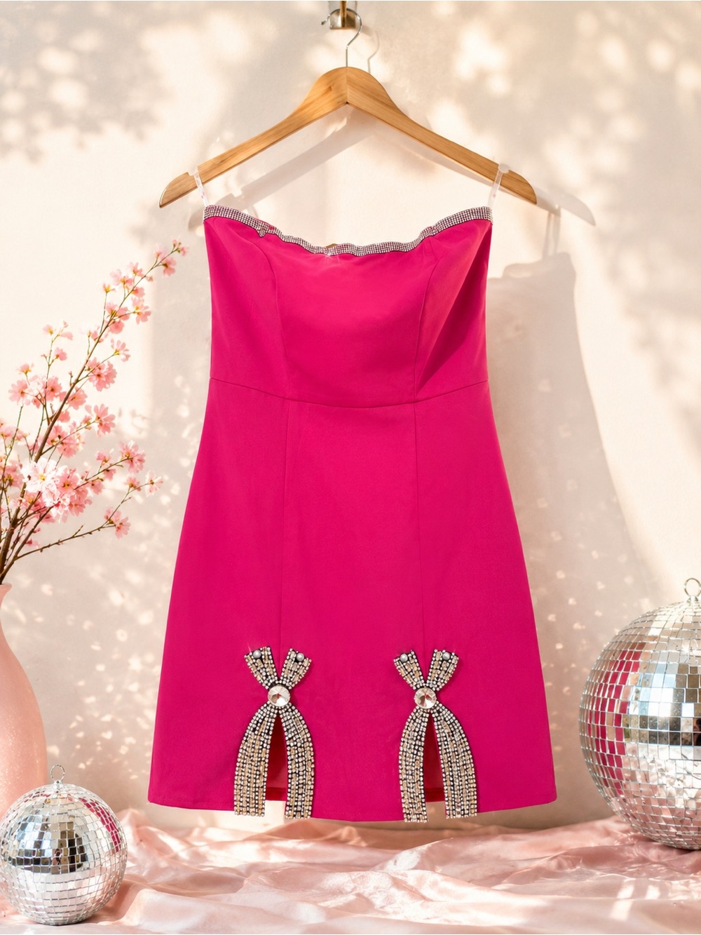 Main Strip Strappy Hot Pink Strapless Mini Dress with Crystal Bows